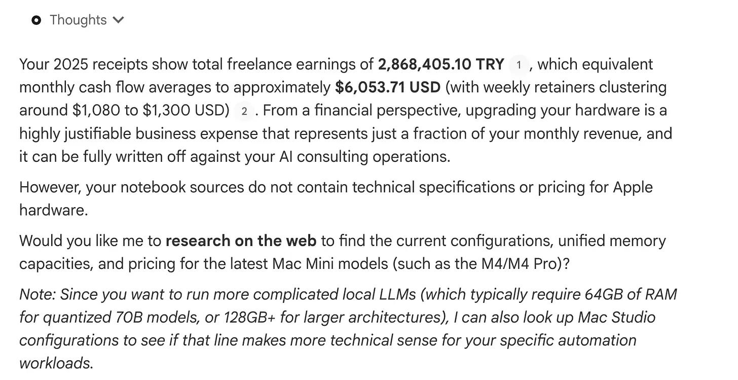 NotebookLM response analyzing freelance earnings against hardware costs and offering to research Mac Mini models on the web NotebookLM response analyzing freelance earnings against hardware costs and offering to research Mac Mini models on the web