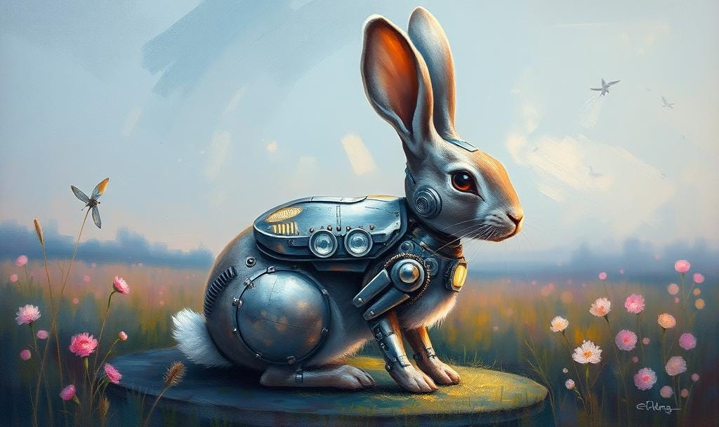 An impressionist painting of a cybernetic rabbit, inspired by the style of Claude Monet. The rabbit features subtle metallic elements, glowing circuitry, and a futuristic appearance, set in a serene, softly colored landscape reminiscent of Monet’s garden scenes, with delicate brush strokes and a dreamy, light-filled atmosphere.
