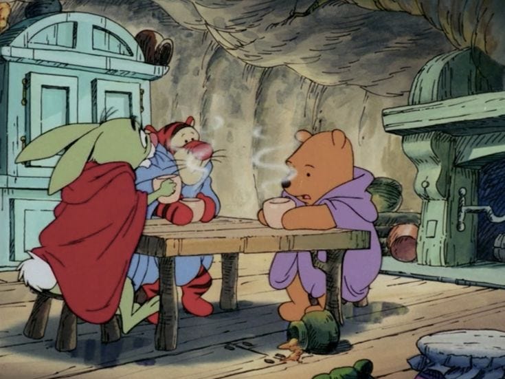 Pooh, Tigger, and Rabbit are all snug with blankies and cocoa(?) | Winnie  the pooh pictures, Old disney, Disney wallpaper