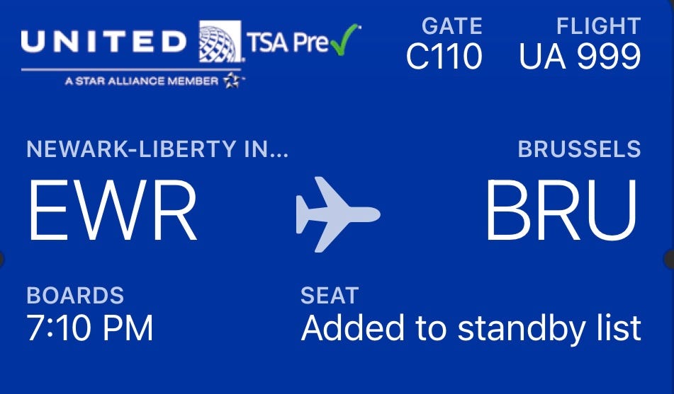 United Airlines employee travel portal screenshot standby confirmed