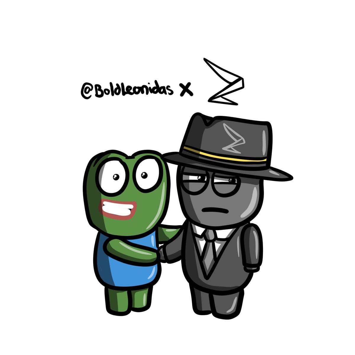 Hand-drawn comic illustration shows a green frog-like character with wide eyes and a big smile standing next to a tall shadowy figure in a black suit, white shirt, black tie, and black fedora hat with a yellow band. The shadowy figure has round glasses and a neutral expression. They are shaking hands, with the frog characters arm extended. Text overlay reads Boldleonidas x Z with a zigzag symbol. The style is simple cartoonish line art on white background.