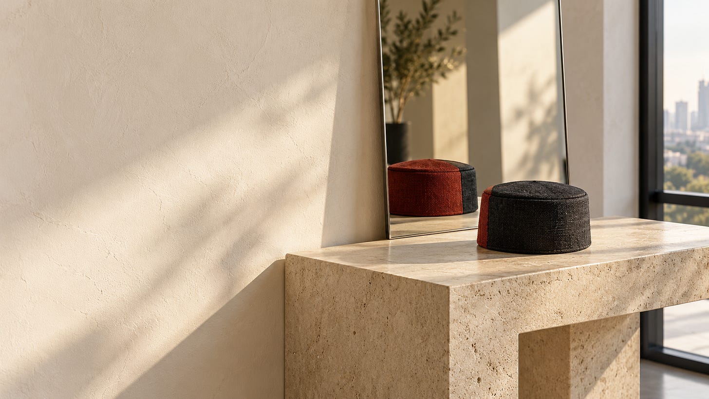 A black-and-red fabric cap rests on a pale stone console in a sunlit modern interior. A mirror behind it reveals the predominantly red side, while the black side faces the viewer.