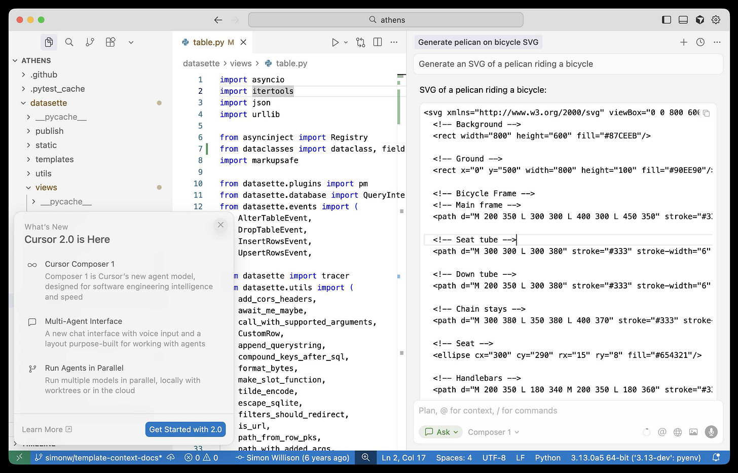 Screenshot of Cursor 2 - In the chat panel I have asked the question and it spat out a bunch of SVG. Screenshot of Cursor 2 - In the chat panel I have asked the question and it spat out a bunch of SVG.