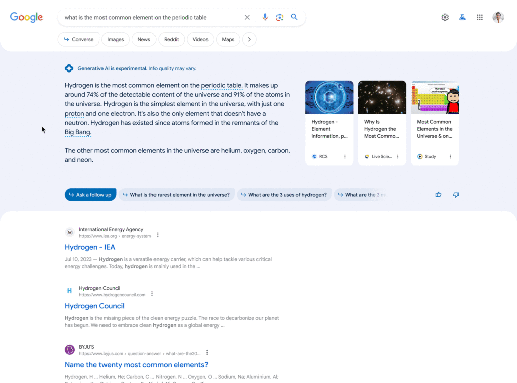 Exemple Résultats recherches Google SGE