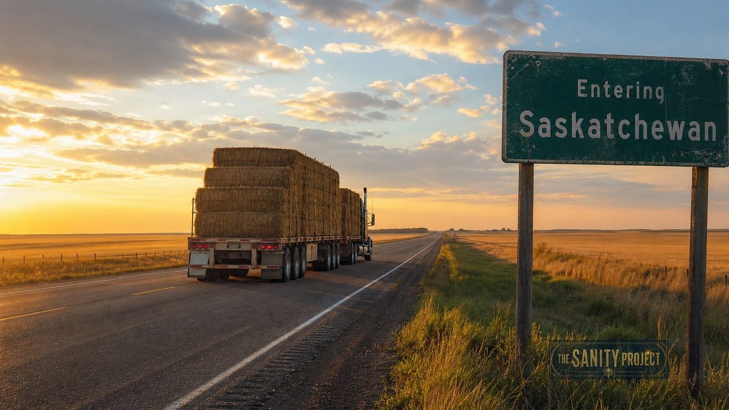 A transport truck crossing a provincial border on the prairies, illustrating Canada’s interprovincial trucking regulations. A transport truck crossing a provincial border on the prairies, illustrating Canada’s interprovincial trucking regulations.