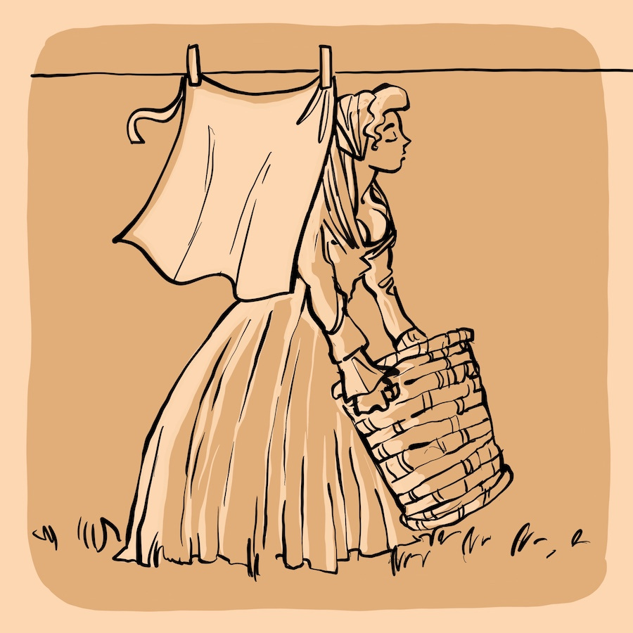 Black and white drawing of a woman bending down to get laundry, with her dress pulling tight against the clothesline. Black and white drawing of a woman bending down to get laundry, with her dress pulling tight against the clothesline.