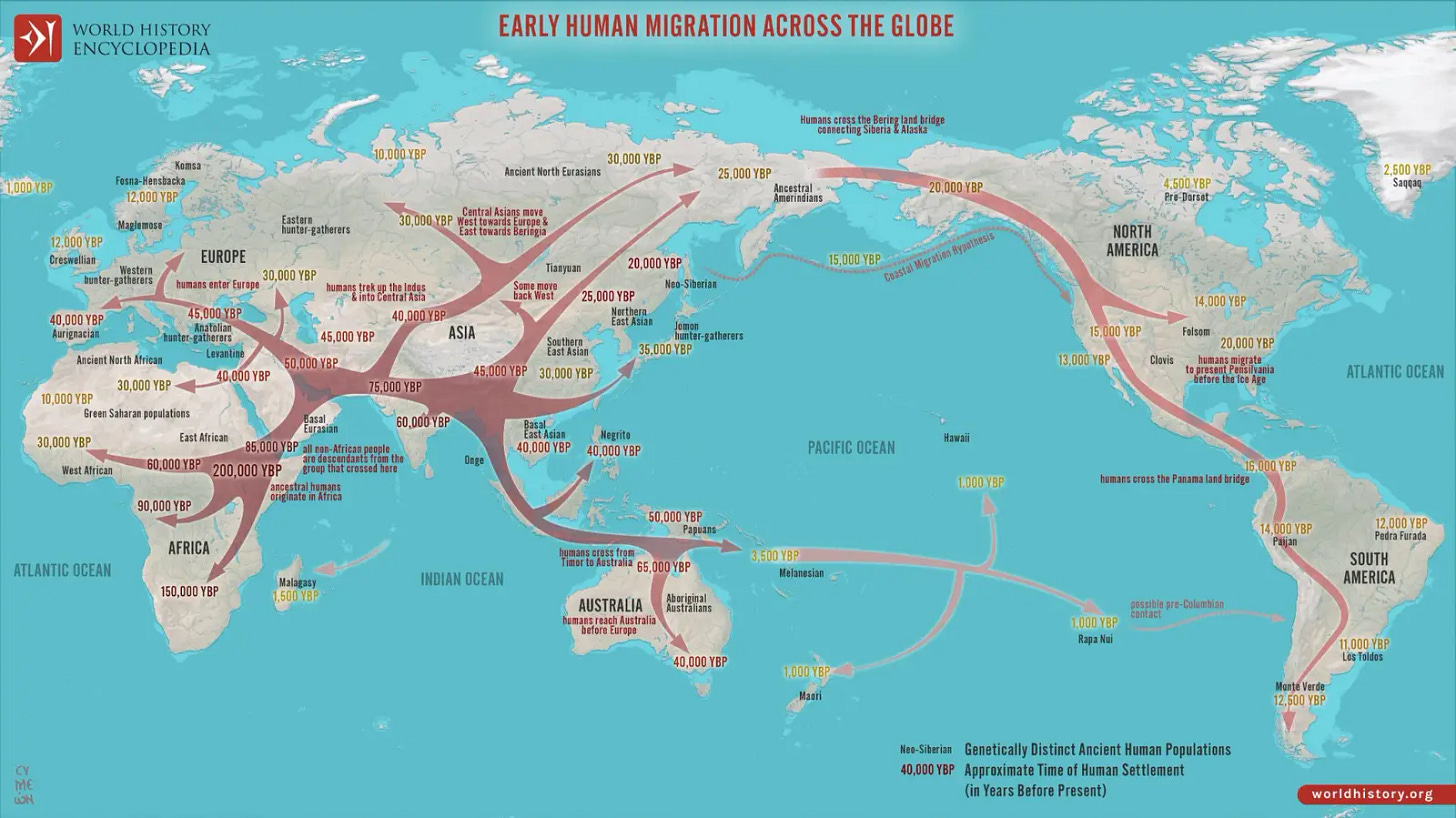 Map showing early human migration across the globe from Africa, with dates in thousands of years before present (YBP).