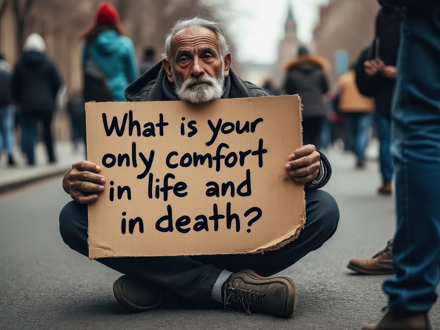 An old man sitting on the street or sidewalk and holding a cardboard sign.