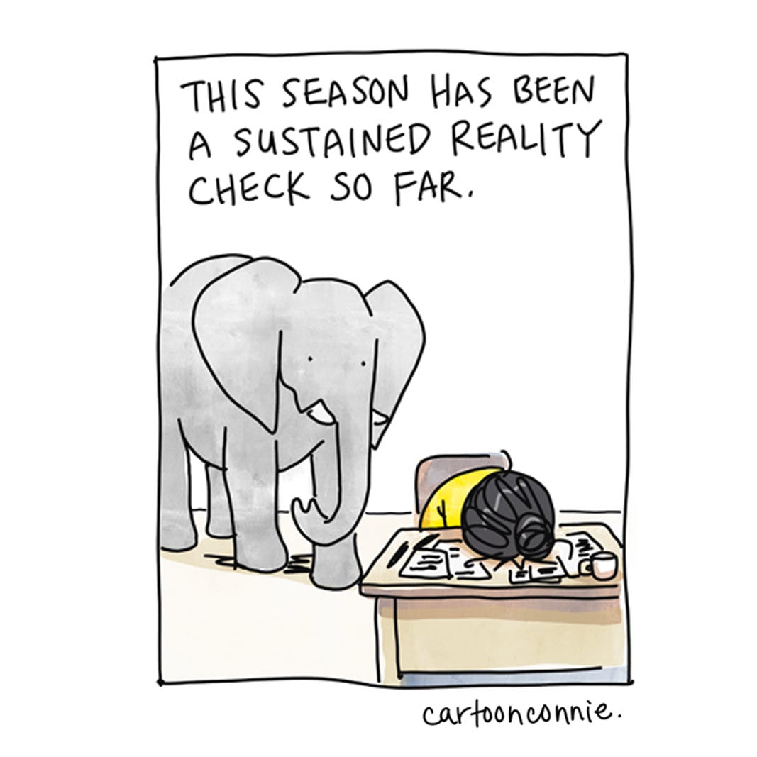 Panel 1 of a 4-panel comic strip illustrating a metaphor of climbing one staircase at a time and managing one's worries, one at a time. Titled "One Worry At A Time," by Connie Sun, cartoonconnie, 2025.