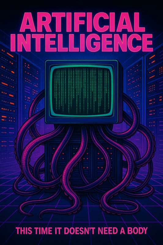 etro 80s horror-style poster of an octopus-limbed computer in a data centre
