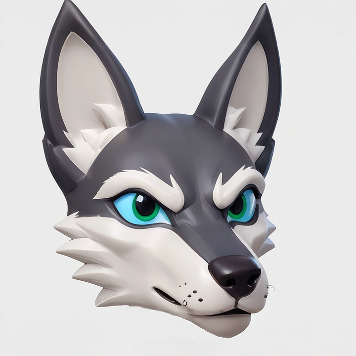 Four images from a wolf character, 3d render, head only.