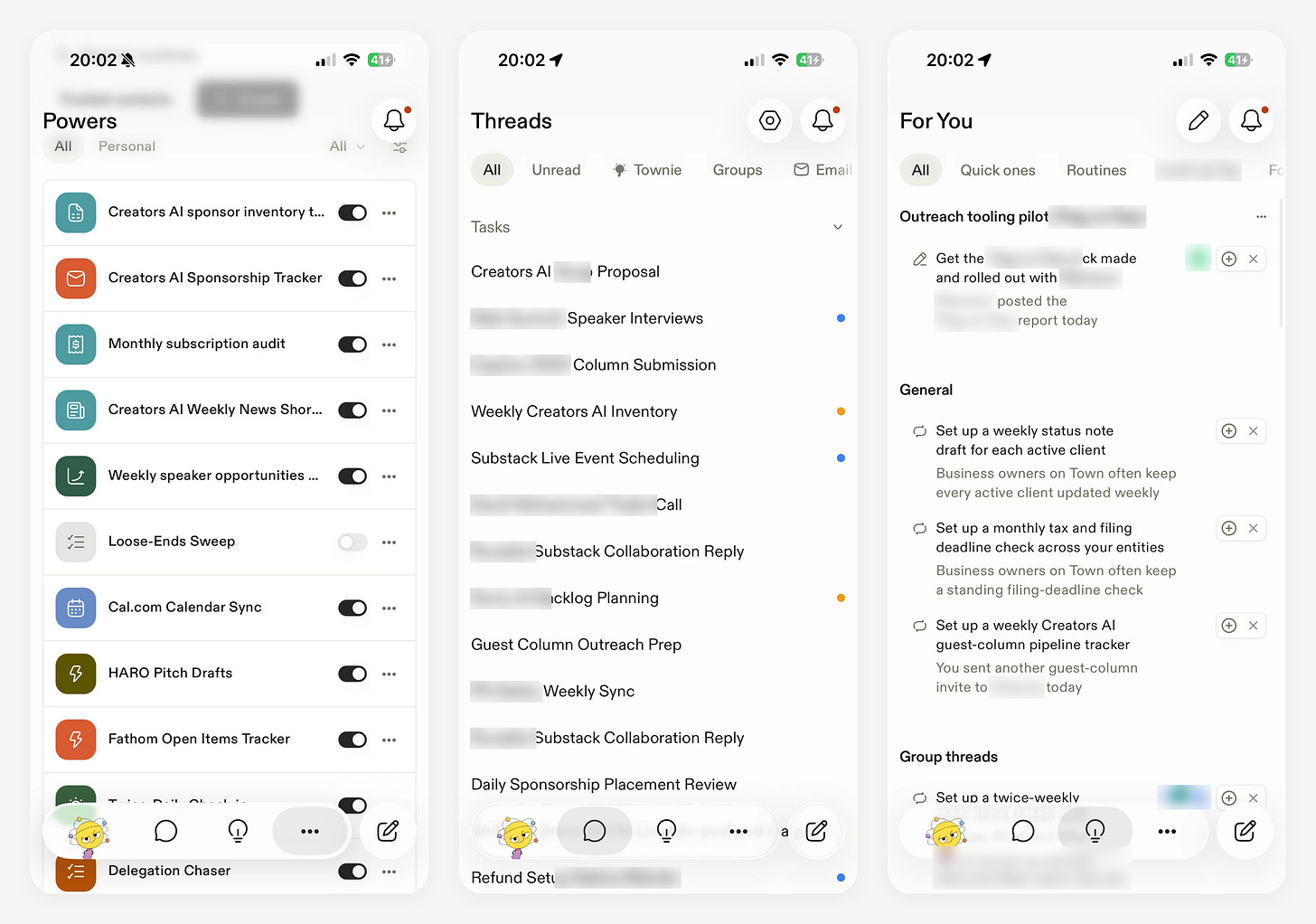 Town app: Powers, Threads and For You screens