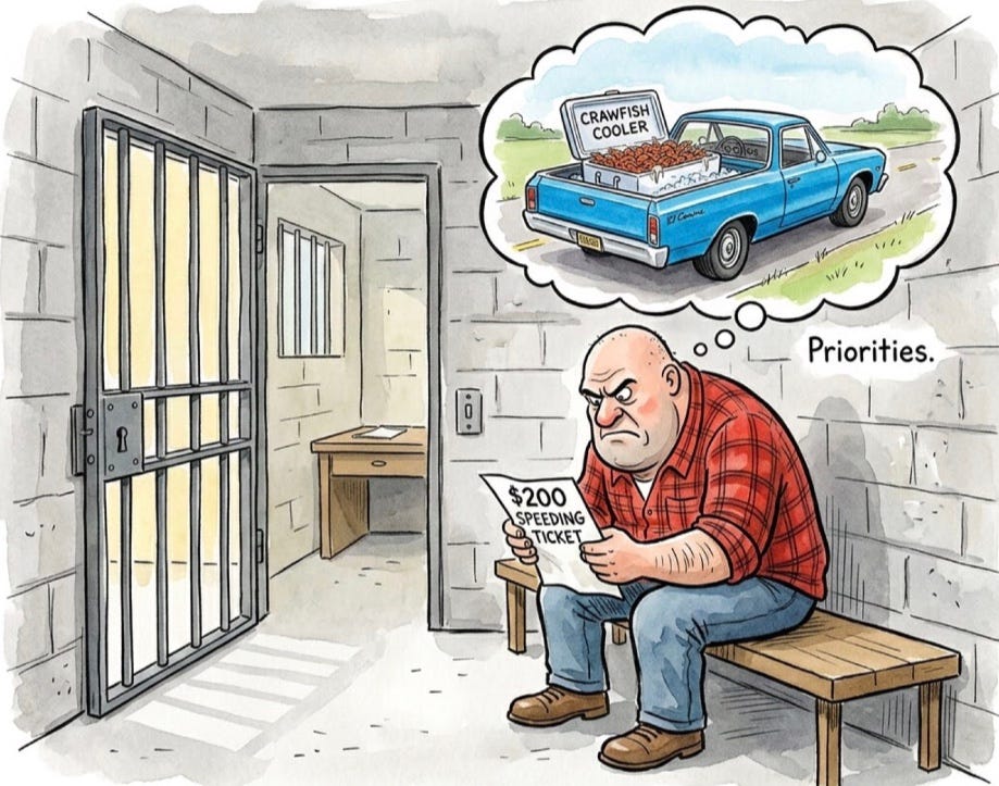A watercolor illustration of a bald man in a red flannel shirt sitting glumly on a wooden bench inside a jail cell. He holds a paper reading "$200 SPEEDING TICKET" while a thought bubble above him shows a blue El Camino truck with a cooler full of crawfish and the word "Priorities." A watercolor illustration of a bald man in a red flannel shirt sitting glumly on a wooden bench inside a jail cell. He holds a paper reading "$200 SPEEDING TICKET" while a thought bubble above him shows a blue El Camino truck with a cooler full of crawfish and the word "Priorities."