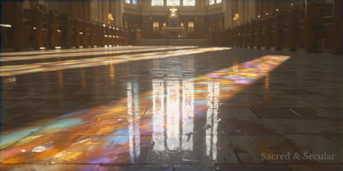 Sunlight streams through stained-glass windows onto the stone floor of a quiet church, casting colourful reflections across the aisle. The empty interior evokes stillness, contemplation, and the invitation to refocus on what truly belongs at the centre of faith. Sunlight streams through stained-glass windows onto the stone floor of a quiet church, casting colourful reflections across the aisle. The empty interior evokes stillness, contemplation, and the invitation to refocus on what truly belongs at the centre of faith.