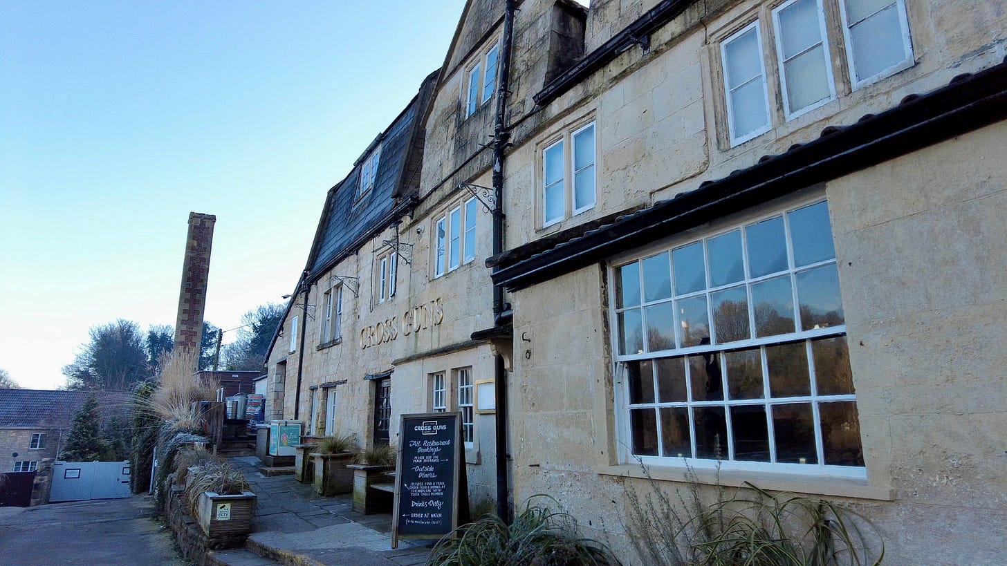 The Cross Guns pub in Avoncliff, Wiltshire. There is lots of history surrounding this pub.