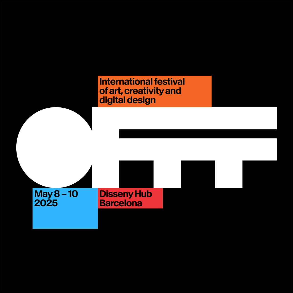 Offf Festival wordmark featuring thick black letterforms and 'F's that blend into one another, shown against a black background