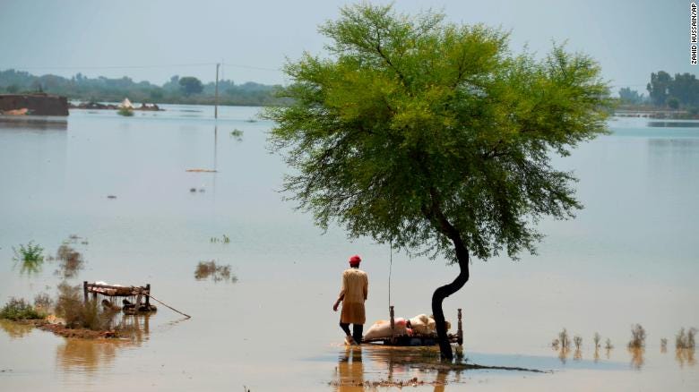 A villager uses cots to save usable items after salvaging from his flood-hit home in Jaffarabad.