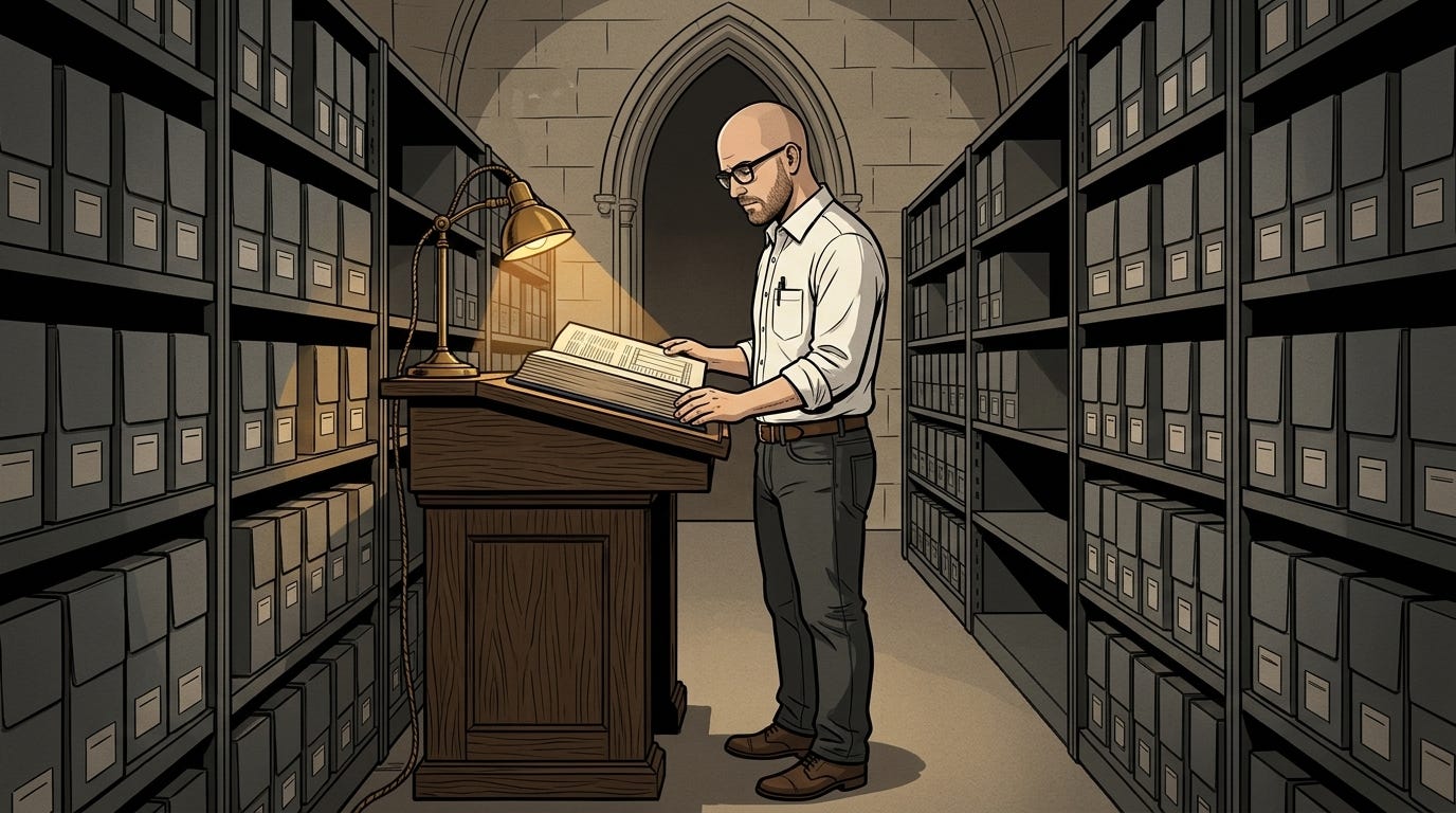 The investigator stands beside an oak consultation stand in a stone records repository, examining an open sessional volume of the 1983 Penner Report under a brass lamp. The investigator stands beside an oak consultation stand in a stone records repository, examining an open sessional volume of the 1983 Penner Report under a brass lamp.