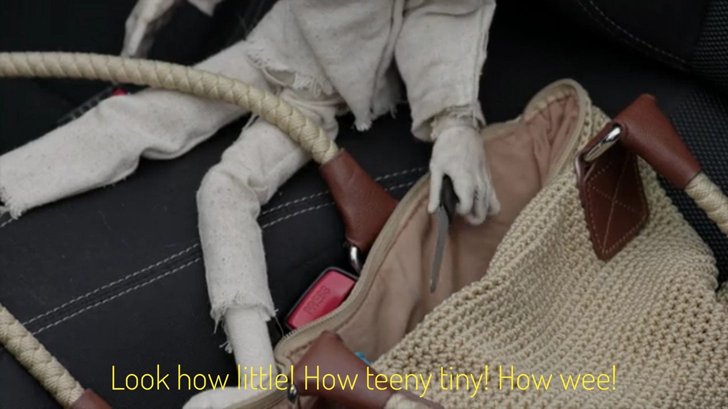 The doll reaching into Tina's purse for her nail file, captioned "Look how little! How teeny tiny! How wee!"