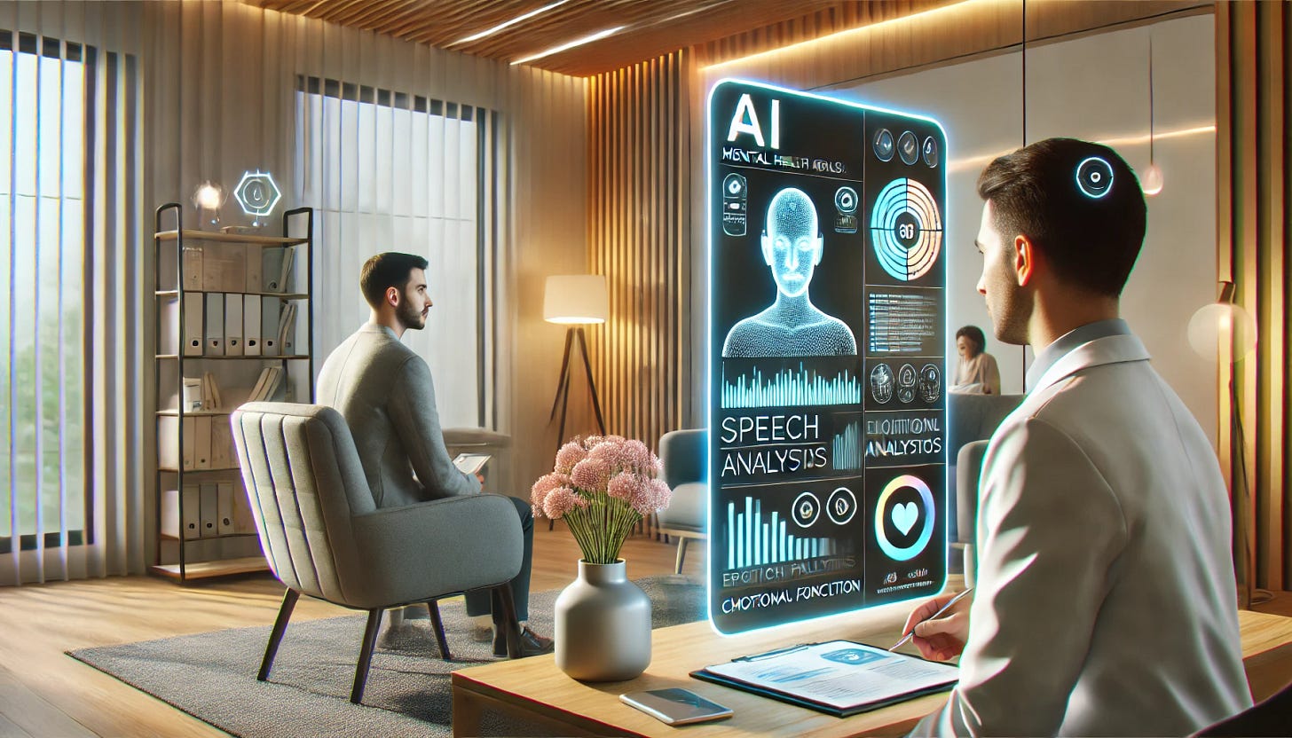 A futuristic therapy session where a mental health professional is using an AI-powered assistant to analyze a patient's speech and behavior. The AI interface displays real-time data visualizations, including speech patterns, emotional analysis, and cognitive function indicators. The setting is a modern, calming therapy office with soft lighting and a futuristic touch. The patient is engaged in conversation while the AI subtly monitors the session.