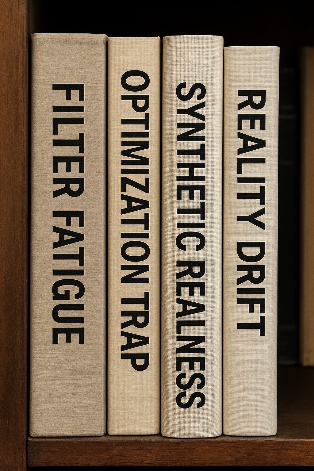 Four books lined up on a shelf with bold titles: Filter Fatigue, Optimization Trap, Synthetic Realness, and Reality Drift. The spines represent core concepts of cultural distortion, naming the forces that shape the subtle warping of reality in the 21st century.