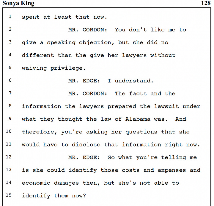 In Sonya King’s own lawsuit over a dog she didn’t legally own, her attorney admits she may have already spent at least $30,000 in legal fees—while the rescue publicly claimed the case was taken on pro bono. So which is it? These screenshots from the deposition raise serious questions about donor transparency and who’s really footing the bill.