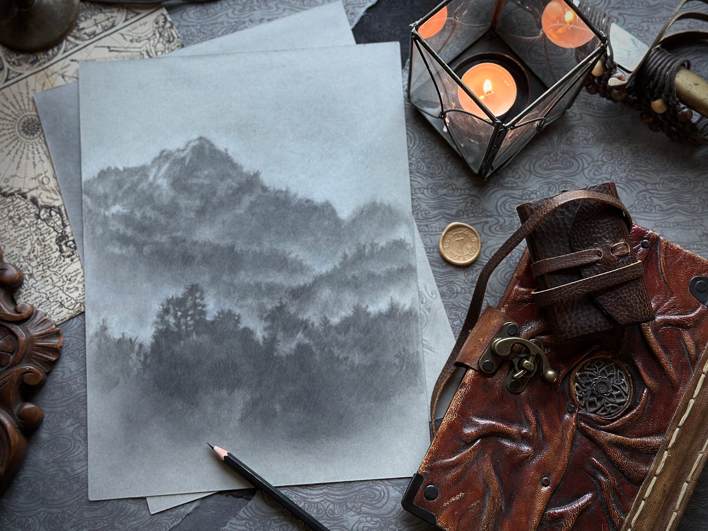 landscape drawing by Kindrie Grove of forests and hills