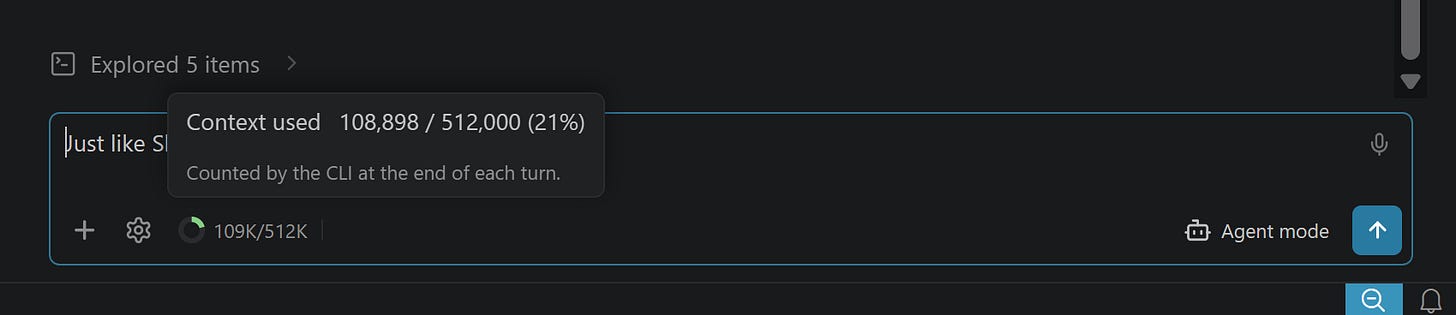 The context-token donut showing exact token usage on click The context-token donut showing exact token usage on click