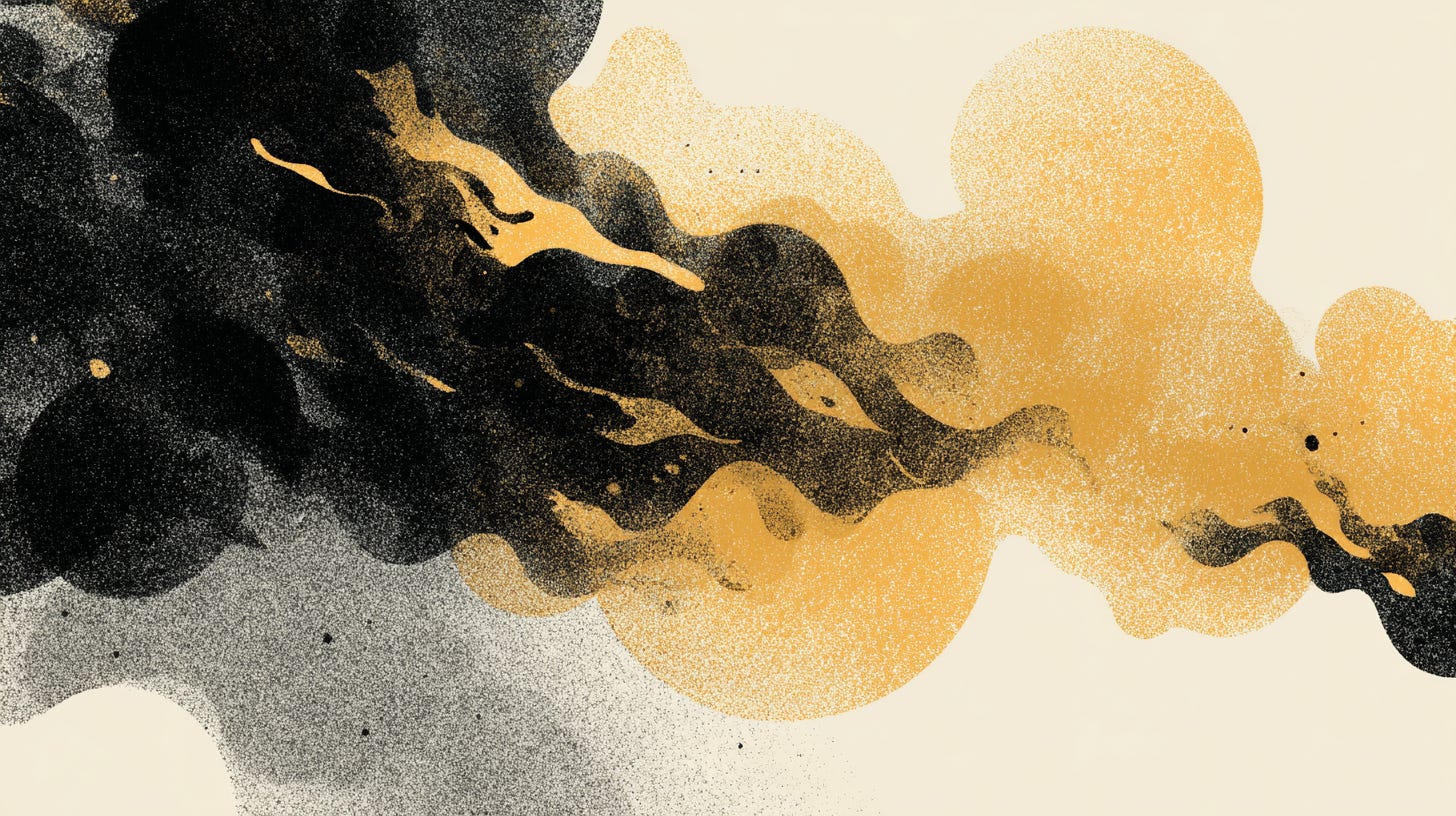 Abstract shapes in golds and blacks.