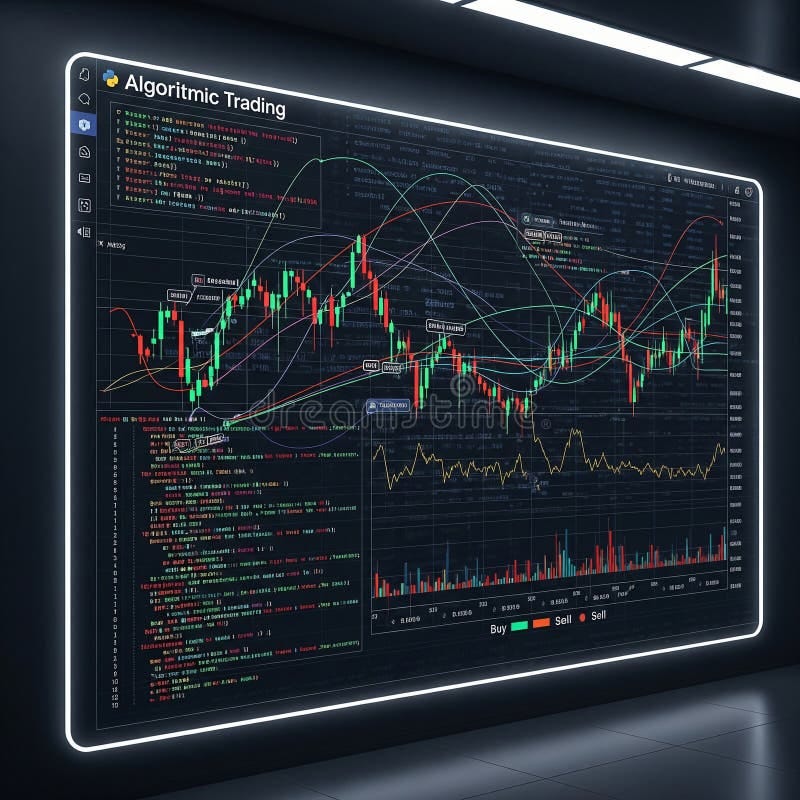 Algorithmic trading interface showing Python code and multichart financial data visualization for stock market analysis