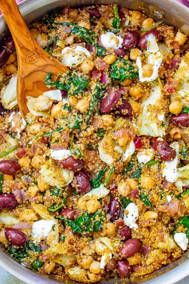 Mediterranean Quinoa Salad with feta cheese and chickpeas in a pot. 