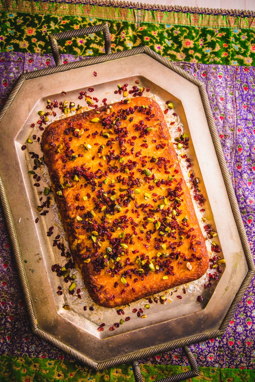 Baked Saffron Yogurt Rice with Chicken (Tahcheen-e Morgh)