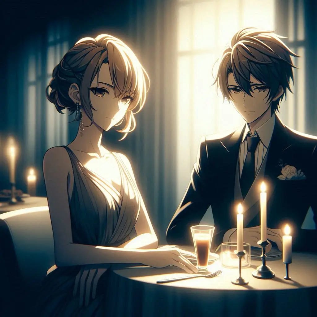A young woman with short blonde hair and a dress and a young man with styled brown hair and a black suit both sitting at a table having a date. Anime art style. evening. modern. side view. horror. dark.