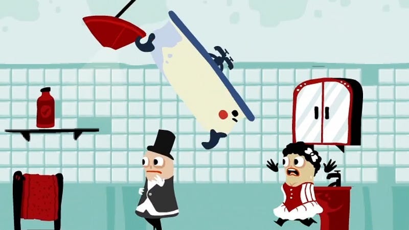 A haunted bathtub terrorizing two people in a bathroom