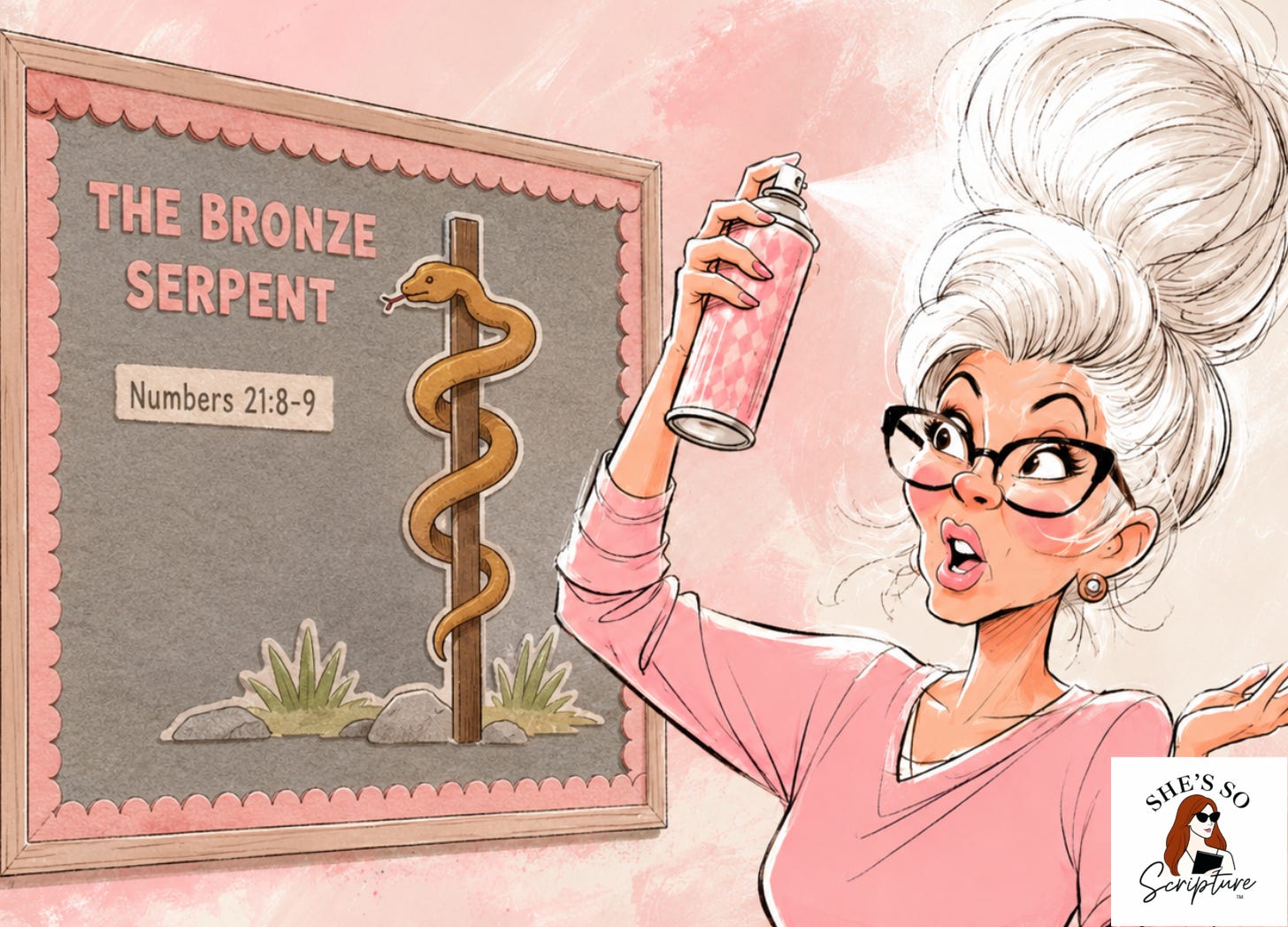 Whimsical illustration of Miss Patty, a Sunday school teacher with towering white bouffant hair and cat-eye glasses, spraying a cloud of Aqua Net hairspray while gesturing toward a felt board displaying the bronze serpent wrapped around a pole with "Numbers 21:8-9" written below it.