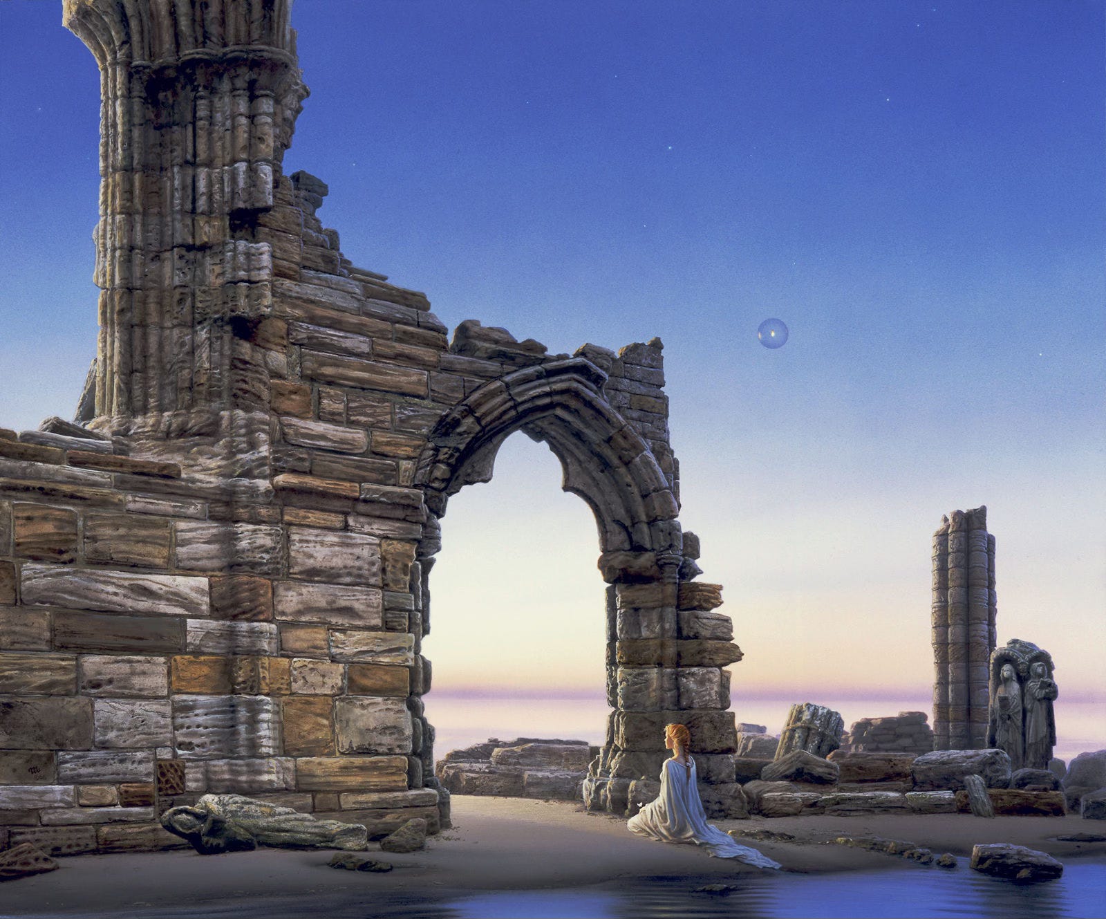 Bathed in the light of dawn, a woman kneels on the sand before a pointed archway of a ruined abbey. Her red hair is braided tightly behind her. The tail of her plain white gown trails down to the water's edge. A transparent sphere containing a solitary flame floats overhead approaching the archway. To her left, a hooded statue holding a book lays on its side in the wet sand just before the abbey wall. In the stone wreckage to her right, a fractured column juts upward with a pair of statues still stands with a man and woman each holding a book. Bathed in the light of dawn, a woman kneels on the sand before a pointed archway of a ruined abbey. Her red hair is braided tightly behind her. The tail of her plain white gown trails down to the water's edge. A transparent sphere containing a solitary flame floats overhead approaching the archway. To her left, a hooded statue holding a book lays on its side in the wet sand just before the abbey wall. In the stone wreckage to her right, a fractured column juts upward with a pair of statues still stands with a man and woman each holding a book.