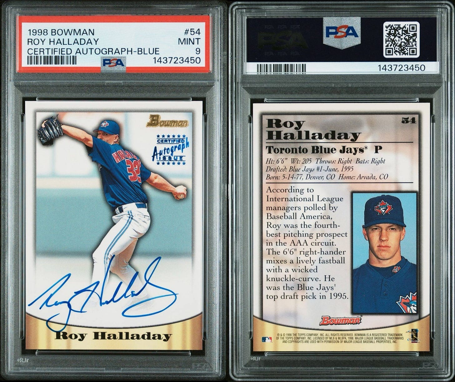 1998 Bowman Roy Halladay Certified Auto Blue PSA 9