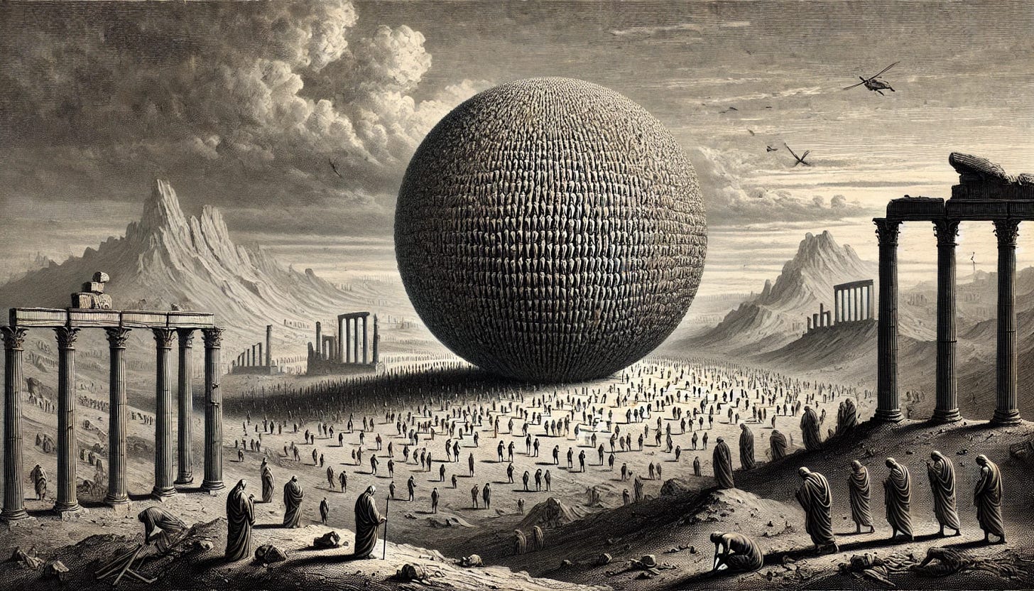 A surreal landscape engraving in the style of Piranesi, depicting a vast sphere composed of thousands of tiny, struggling individuals. The sphere stands alone in a desert scattered with ancient ruins. The scene is being silently observed by a myriad of ghostly and contemplative figures in the background. The overall mood is somber and reflective, with intricate details emphasizing the human forms and the decayed grandeur of the ruins.