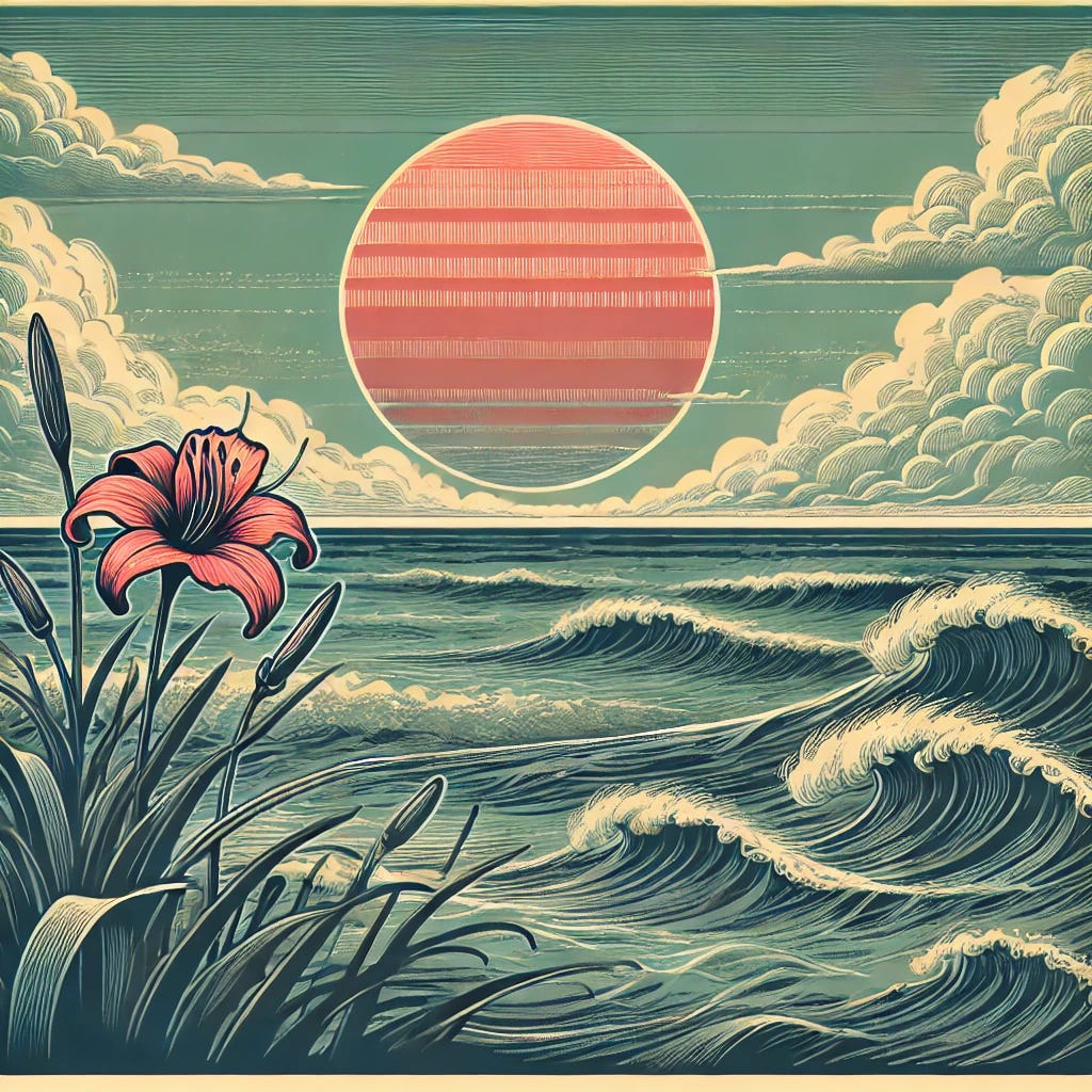 Loosely Arranged Vintage Ocean and Sky Scene: A serene, vintage-inspired illustration with a more relaxed arrangement. The expansive ocean under a sky features a large, setting fire lily instead of the sun, casting fiery hues. Elements like the waves and shoreline are rearranged to create a more free-flowing, irregular pattern, enhancing the unpredictability. The overall aesthetic is maintained with muted colors of blue, gray, and soft pink, keeping the old-timey, flat poster look.