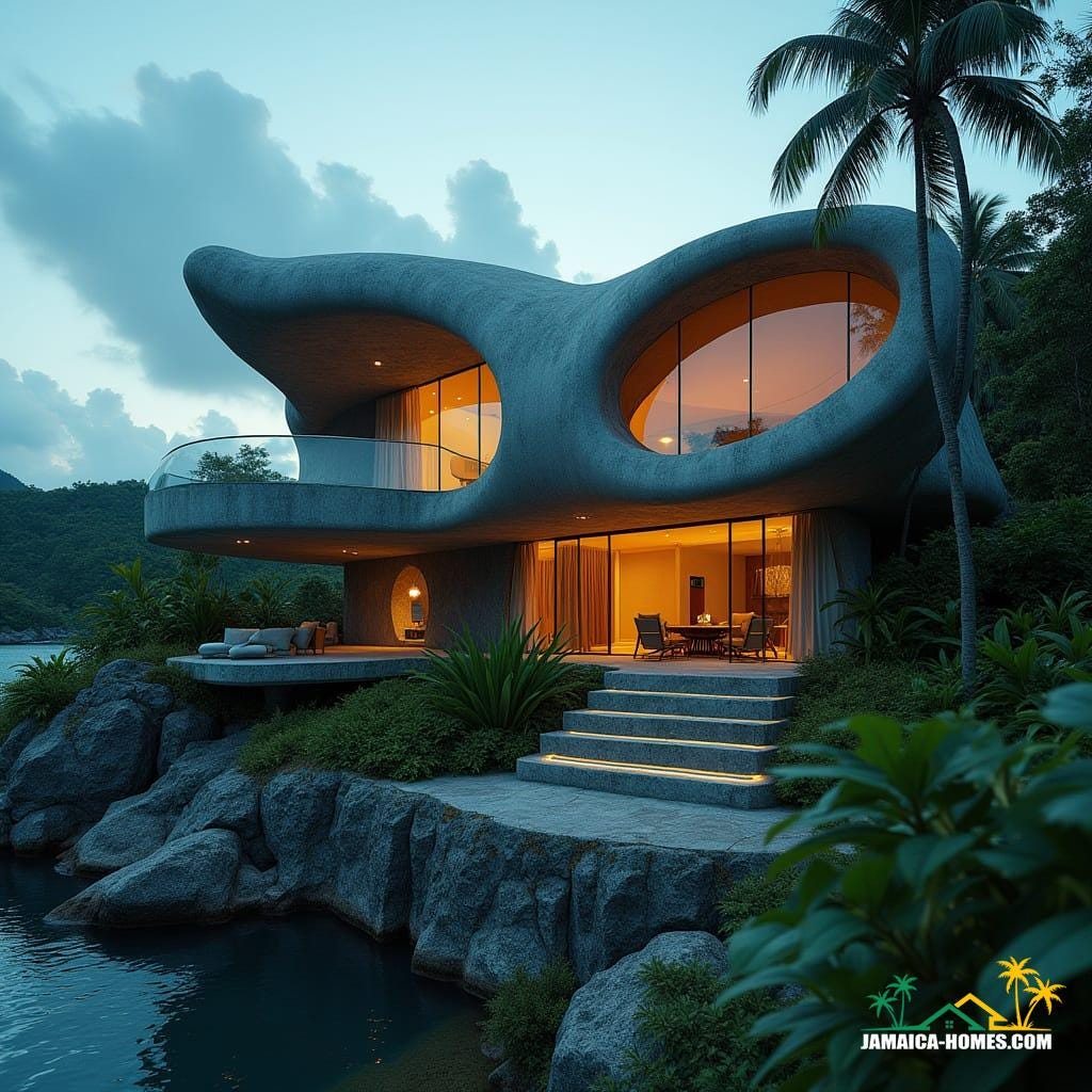  A strikingly unique house crafted from concrete, brick, and glass, echoing the form of a bird, situated on a vibrant Jamaican Caribbean island. Cinematic film still, shot on V-Raptor XL, with authentic film grain, subtle vignette, professional color grading, and post-processing. Illuminated by dramatic, atmospheric cinematic lighting, reminiscent of 35mm film, capturing a breathtaking live-action masterpiece with epic, stunning quality.