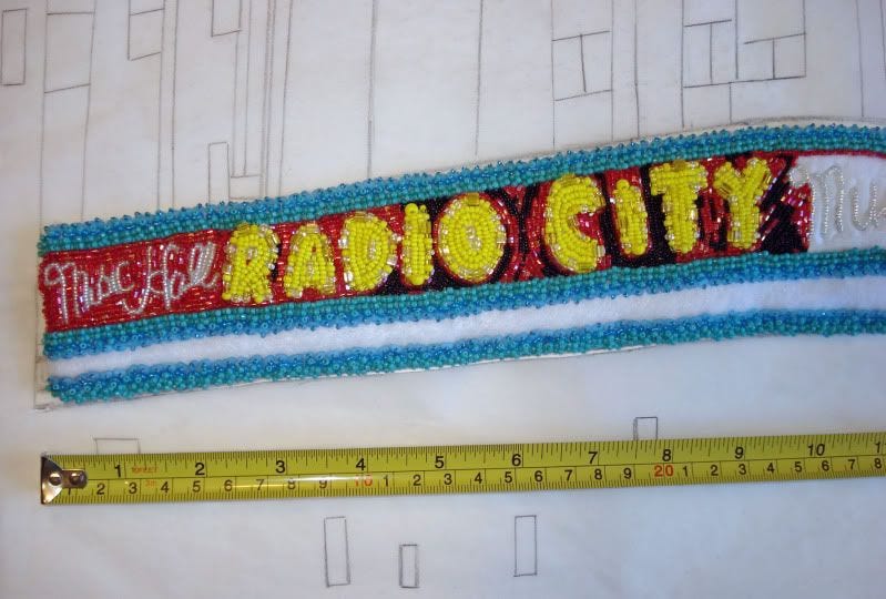 beaded Radio City Music Hall painting mixed media bead embroidery beadwork NYC taxi cab scene beaded Radio City Music Hall painting mixed media bead embroidery beadwork NYC taxi cab scene