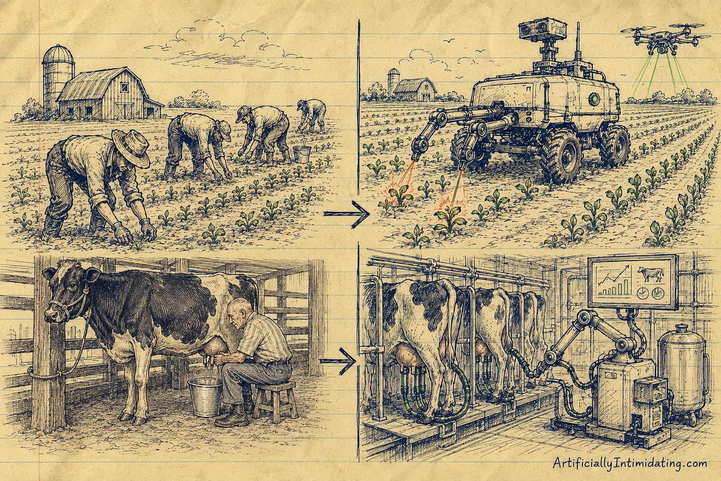 AI created Hand-drawn editorial sketch on yellow lined paper showing a “then vs. now” comparison of farm labor. On the left side, farm workers manually pull weeds from crop rows and a farmer milks a cow by hand using a stool and bucket. On the right side, futuristic AI farming machines use lasers to destroy weeds while robotic milking systems automatically milk cows inside a modern barn. Drones hover overhead and robotic arms connect to the cows, emphasizing the rapid automation of agricultural labor. The loose pen-and-ink style includes visible sketch lines, paper texture, and the signature “ArtificiallyIntimidating.com” in the corner.