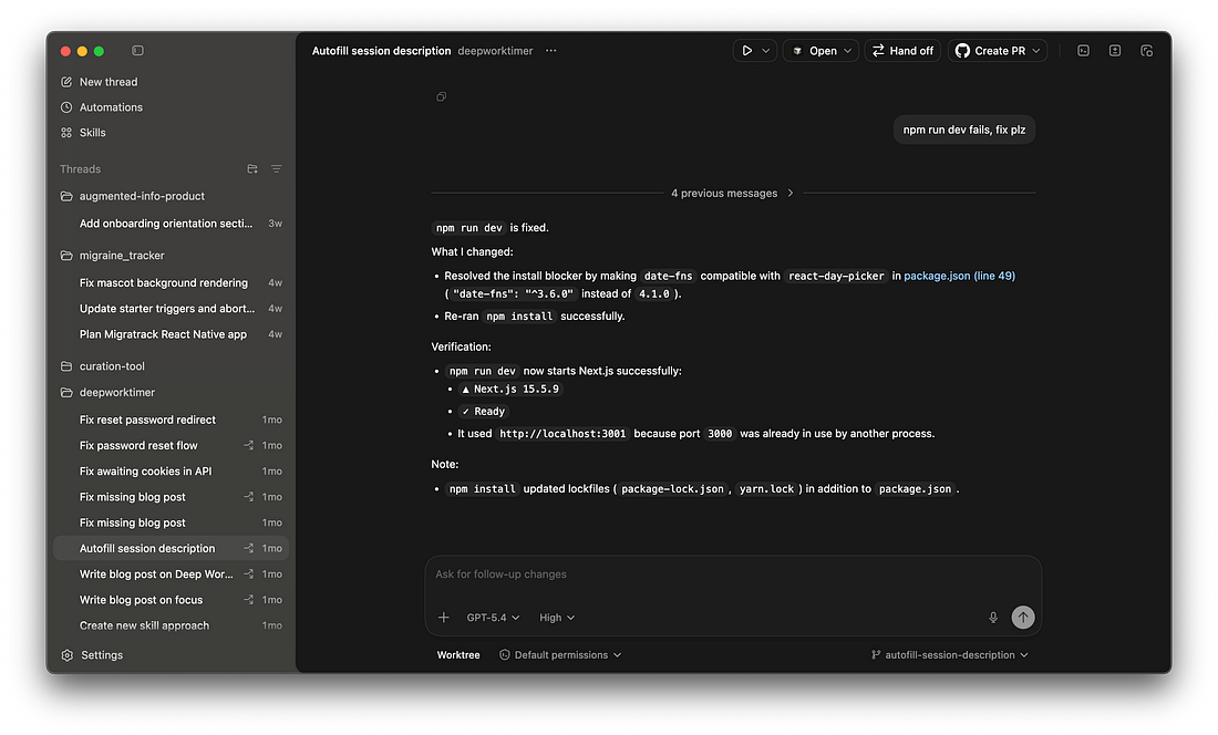 Screenshot of Codex showing an active working session