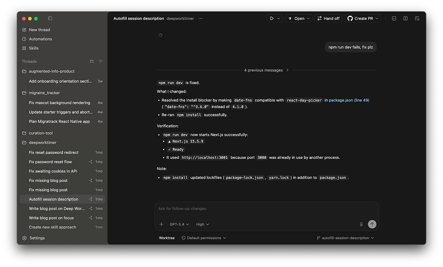 Screenshot of Codex showing an active working session