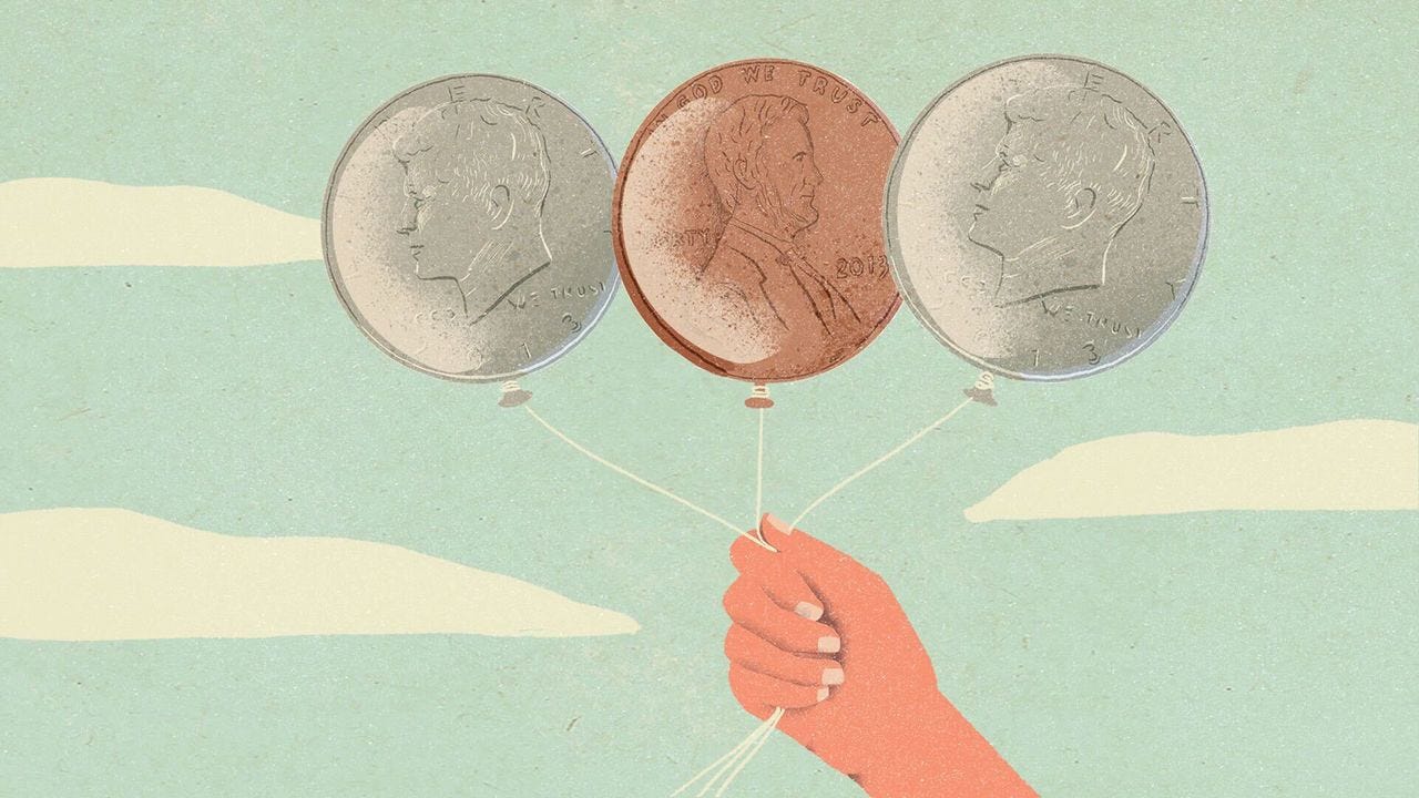 Illustration of a hand holding 3 balloons in the shape of US coins Illustration of a hand holding 3 balloons in the shape of US coins
