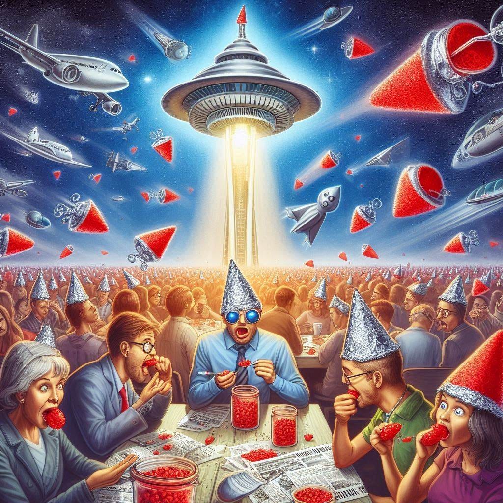 space needle, tinfoil hat crazy rambling conspiracy people eating red candy