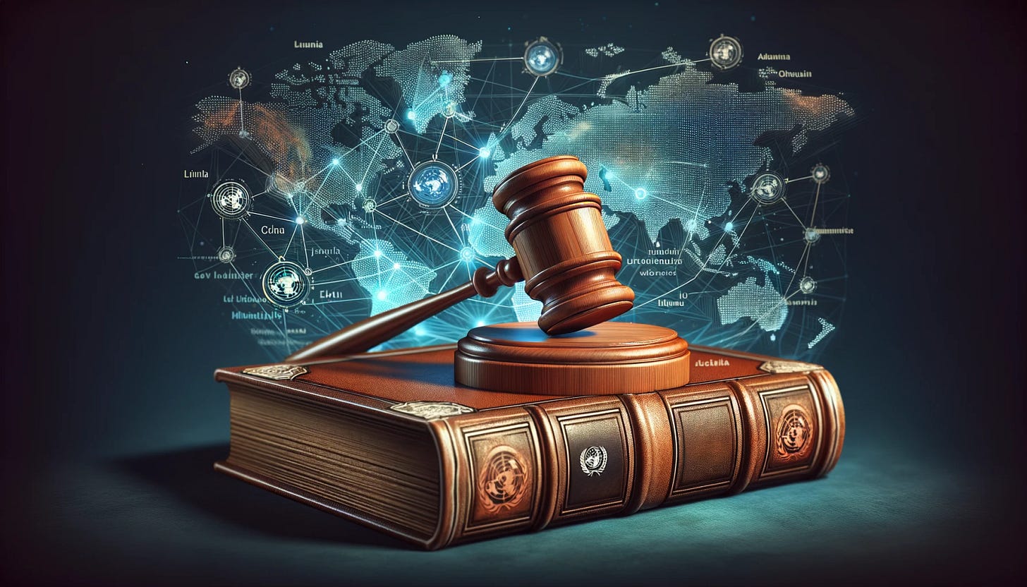 An illustration of a polished wooden gavel set upon a thick, leather-bound book that appears to be a legal tome, with visible markings in different languages suggesting a global legal code. The background features a stylized world map with nodes and lines connecting different countries, symbolizing a network of international law. Above the map, a representation of the United Nations flag waves, indicating the theme of global legal unity.