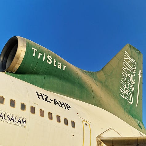 The Lockheed L-1011 Tristar registered HZ-AHP on static exhibition at the Royal Air Force Museum. HZ-AHP flew for Saudia from 1980 to 1998.  The airplane currently has a special livery celebrating Vision 2030.