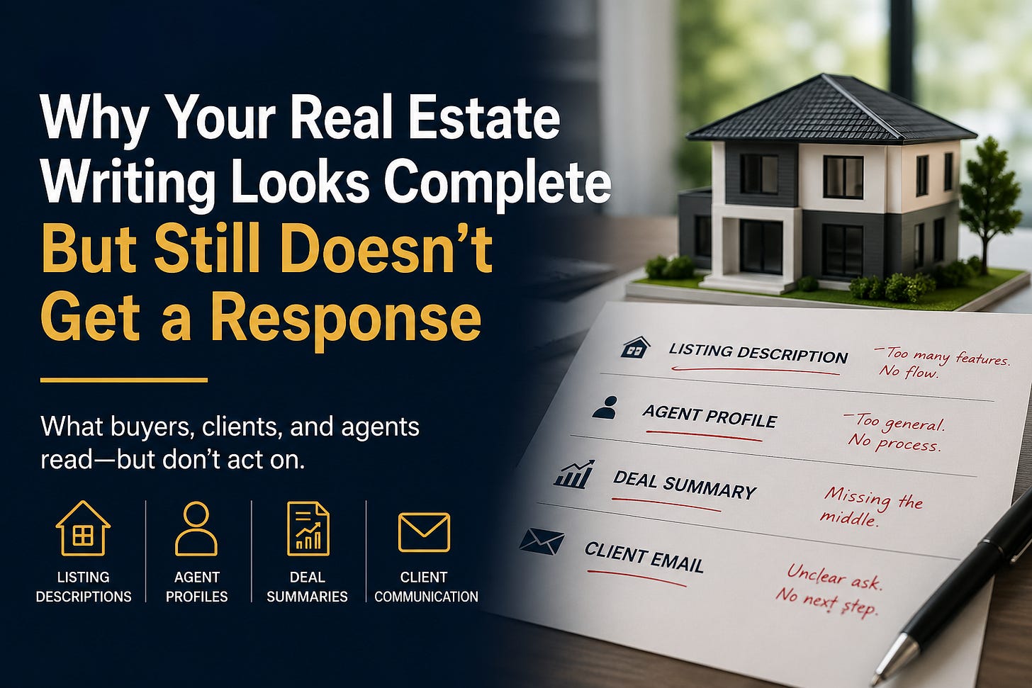 Real estate marketing graphic showing a listing description, agent profile, deal summary, and client email marked with notes like “too many features,” “too general,” and “missing the middle,” illustrating why clear structure affects reader response.