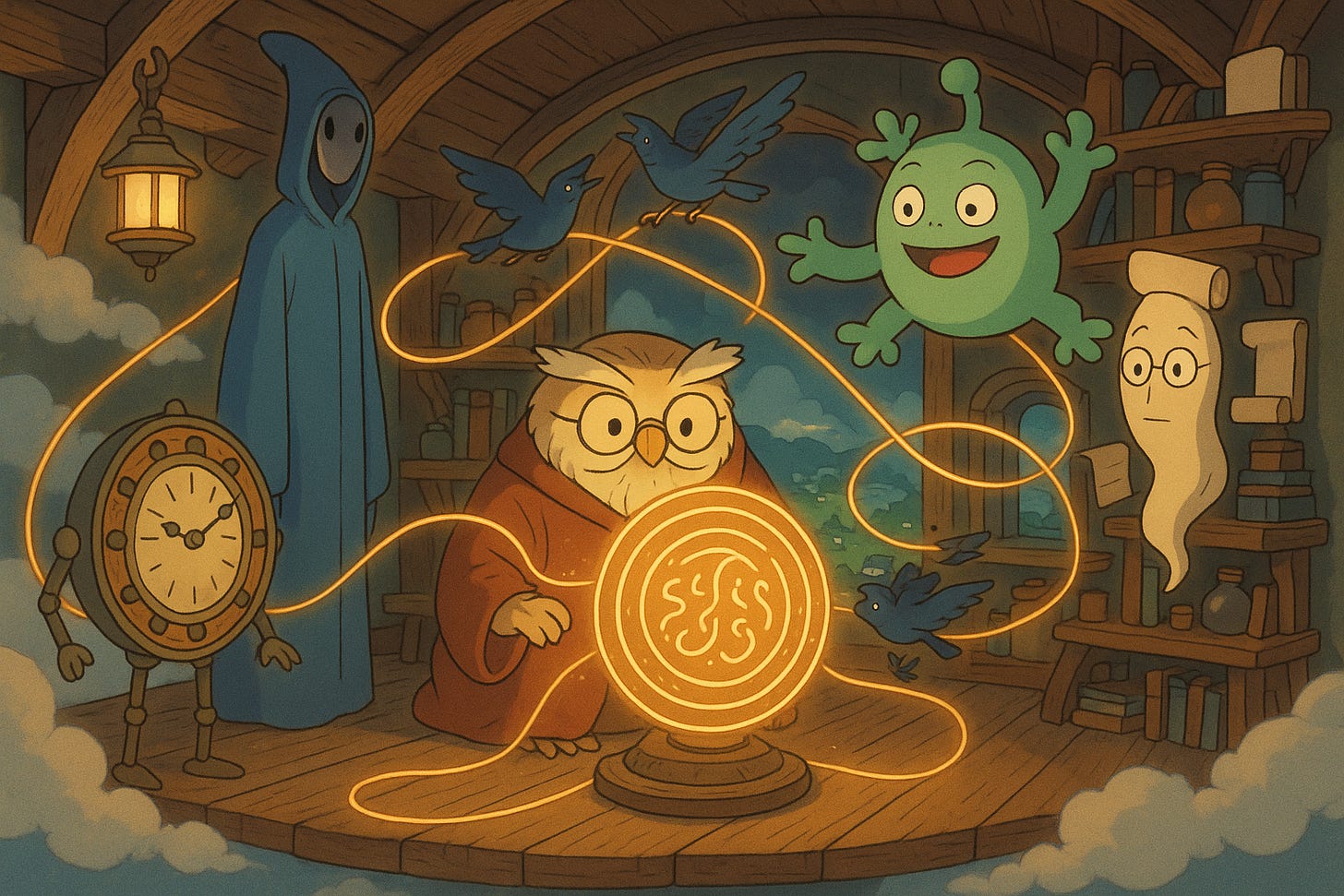 Ghibli-inspired magical workshop with AI and digital tool spirits connected by golden cables